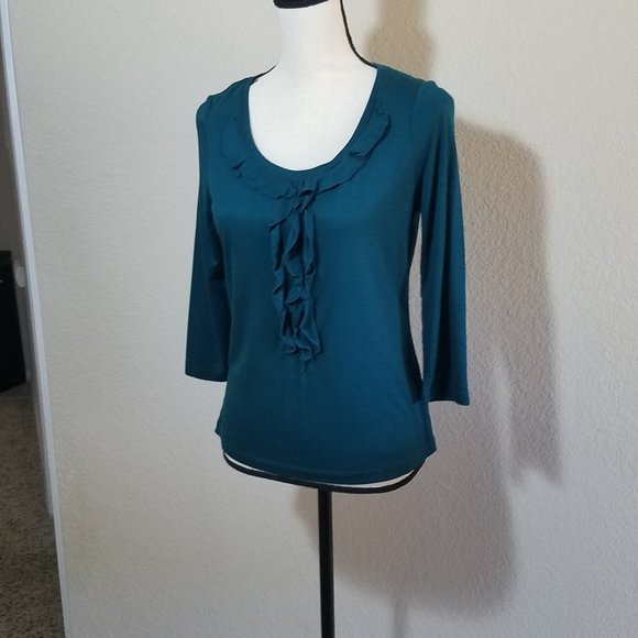 Talbots Petites Green Shirt 3/4 Sleeve Ruffle Top Solid Women's Holiday S P - Picture 2 of 4